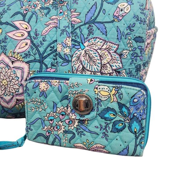 VERA BRADLEY SET OF 3 LARGE DUFFEL WALLET COSMETIC MAKEUP BAG TEAL PEACOCK BIRDS - Picture 3 of 11